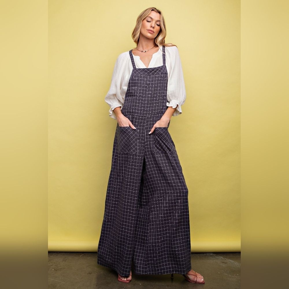$18 START P4-1118 Easel Plaid PRINT SOFT WASHED TWILL JUMPSUIT